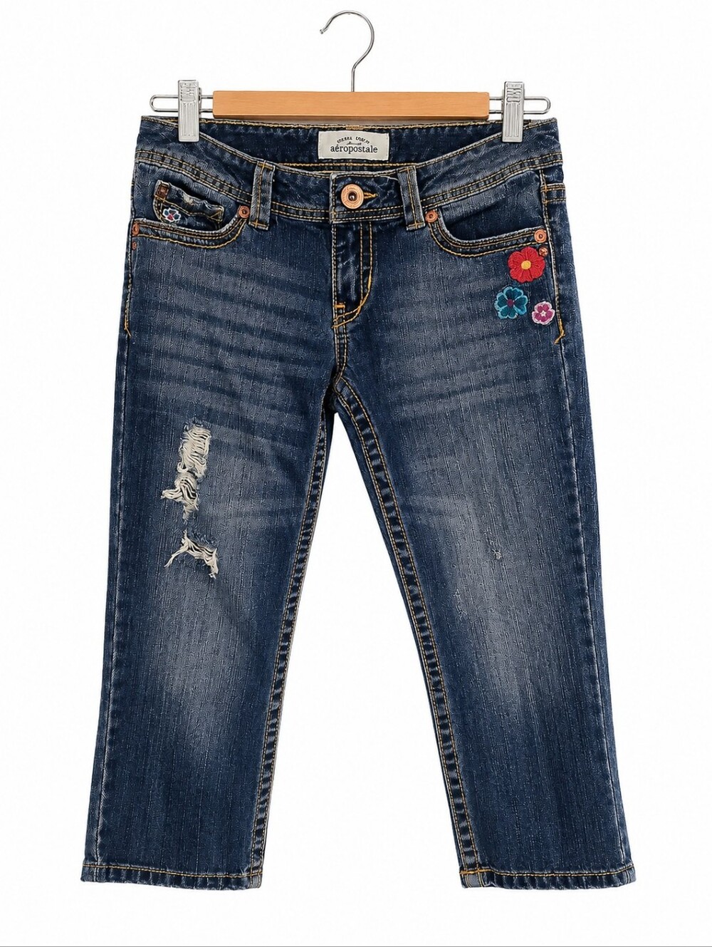 Y2K Aeropostale Girls Capri Jeans Size 3/4 Floral Embroidered Distressed Denim